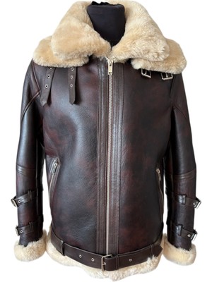 Coop - Hakiki Koyun Kürkü Kamuflaj Desenli Kahverengi Çift Yakalı Erkek Ceket