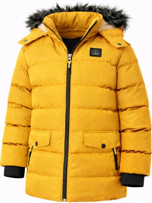 Erkek Sarı Çıkartılabilir Kapüşonlu Içi Kürklü Su ve Rüzgar Geçirmez Çoçuk Mont ve Kaban