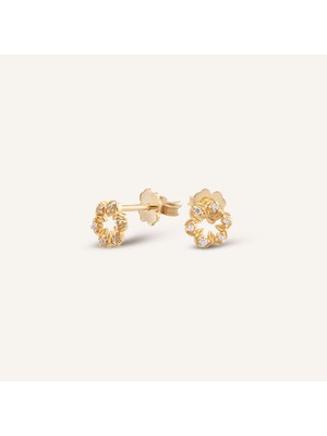 Aja Lamero Çiçek Motifli Çok Taşlı Pimli Altın Küpe