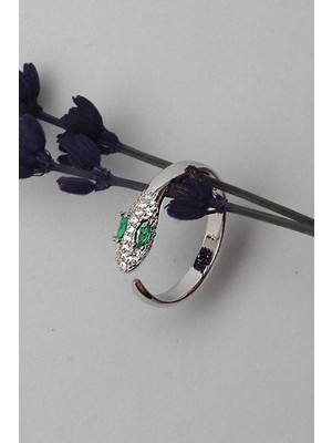By Barun Ayarlanabilir Yılan Model Yüzük Zirkon Taşlı Zümrüt Yeşil  Rengi 925 Ayar Gümüş Yüzük