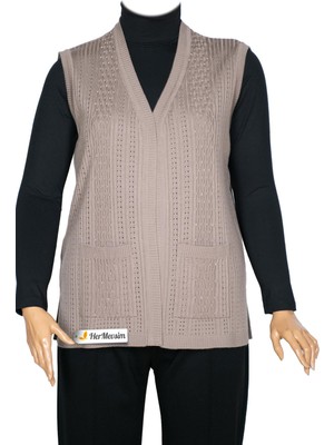 Hermevsim Hesna Kadın Karen Triko Cepli Boncuklu Kum Beji Yelek