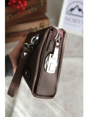 Norvi Deri Şifreli Hakiki Deri Erkek El Çantası Kahverengi 1232