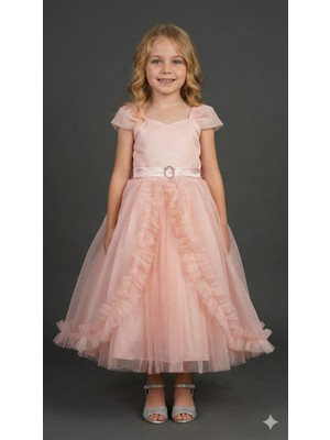 Ay Yılmaz Kız Çocuk Tarlatanlı Prenses Model Gelinlik Abiye Elbise Belden Bağlamalı Gipeli