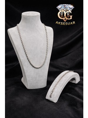 Cg Aksesuar Gümüş Renk Burgu Zincir Kolye & Bileklik Seti