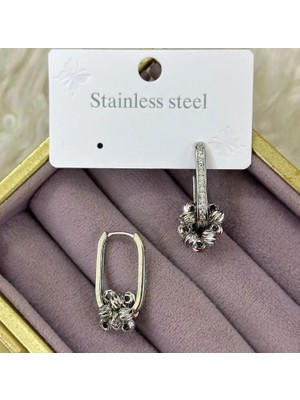 Septemmart Silver Renk Zirkon Taşlı Dorika Top Demeti Detaylı Elips Küpe