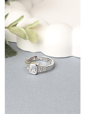 By Barun Ayarlanabilir Yüzük Kare Baget Zirkon Taşlı Silver Beyaz 925 Ayar Gümüş Yüzük