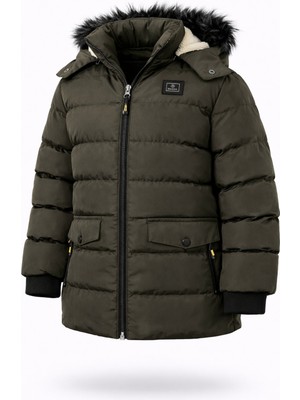 Erkek Haki Çıkartılabilir Kapüşonlu Içi Kürklü Su ve Rüzgar Geçirmez Çoçuk Mont ve Kaban