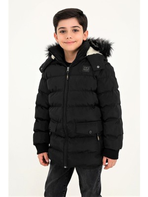 Erkek Siyah Çıkartılabilir Kapüşonlu Içi Kürklü Su ve Rüzgar Geçirmez Çoçuk Mont ve Kaban