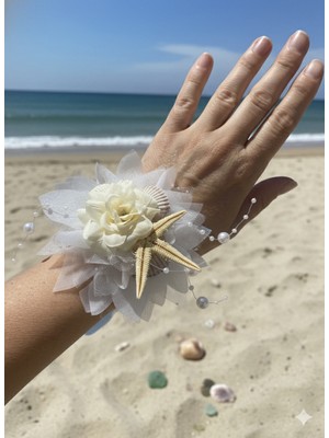 Beyaz Kumaş Çiçekli Deniz Yıldızlı Gelin , Nedime , Lohusa Bilekliği