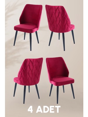 MyMassa Puffy Sandalye - Babyface Bordo - Metal Siyah Ayak (4 Adet) - Salon Sandalyesi / Mutfak Sandalyesi