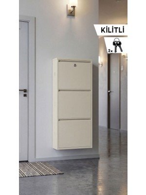 Kilitli Üçlü Metal Ayakkabılık Bej (Yedek Anahtarlı)