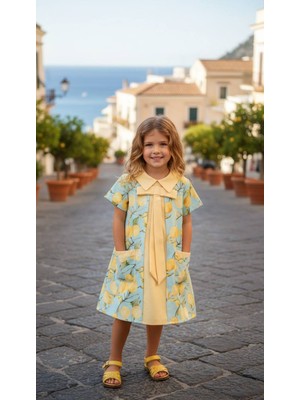 HC Kids Wear Kız Çocuk Limon Desenli Fularlı Elbise