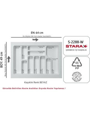 PremiumPort Beyaz Plastik Kaşıklık, Ayarlanabilir 10 Göz, Çekmece Için, 64X58X40 cm