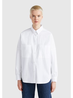 United Colors Of Benetton Beyaz Kadın / Kız Kdn_pamuk Karışımlı Kolu Büzgülü Düşük Omuzlu Oversize Gömlek Model Kodu: ( 54KXDQ0B2101)