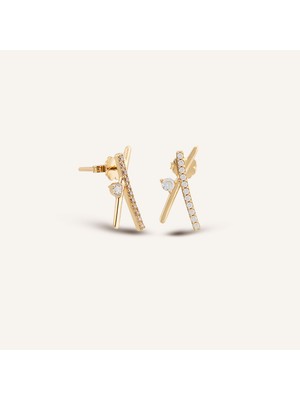 Aja Auvia X Form Çok Taşlı Pimli Altın Küpe