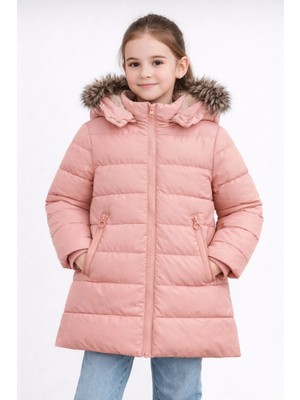 Kız Çocuk Pembe Şişme Mont Kapüşonlu Kürklü Kışlık Uzun Model