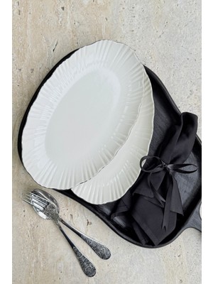 PremiumPort Gümüş 2'li 30 cm Porselen Kayık Sunum Servis Seti (Platin)