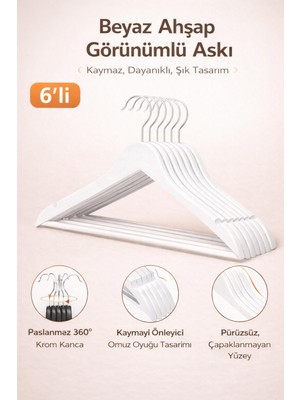 Dory 6 Adet Ahşap Görünümlü Elbise ve Kıyafet Askısı - Beyaz Askı