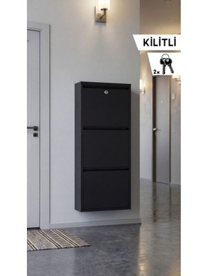 Kilitli Üçlü Metal Ayakkabılık Siyah (Yedek Anahtarlı)