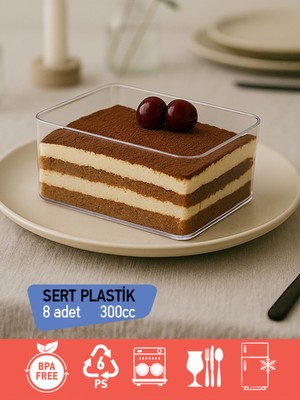 PremiumPort 8’li Tiramisu Kapaklı Tatlı Kase Seti, 300CC, Dikdörtgen, Şeffaf Plastik