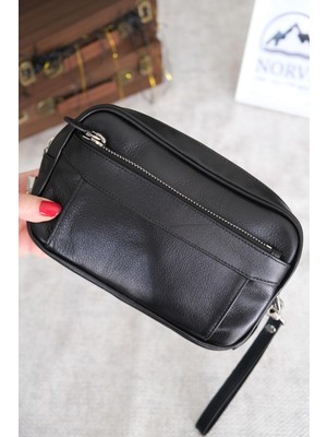 Norvi Deri Şifreli Hakiki Deri El Çantası Tutamaçlı Çok Bölmeli Siyah 1075