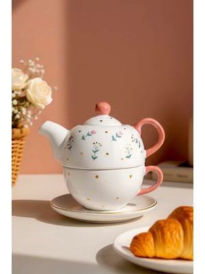 Pembe Çiçek Amore 4 Parça Demlik & Fincan Seti