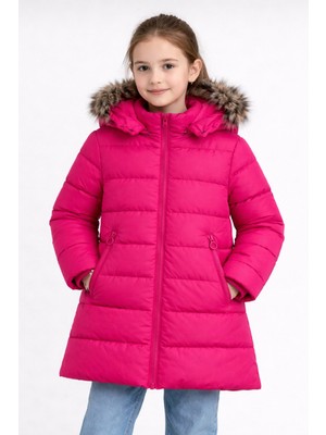 Kız Çocuk Fuşya Şişme Mont Kapüşonlu Kürklü Kışlık Uzun Model