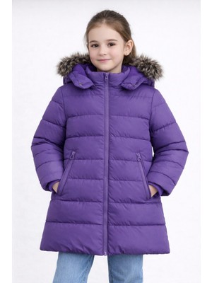 Kız Çocuk Mor Şişme Mont Kapüşonlu Kürklü Kışlık Uzun Model