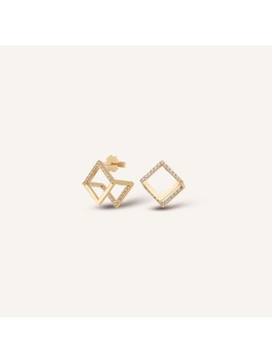 Aja Arielle Geometrik Form Çok Taşlı Pimli Altın Küpe