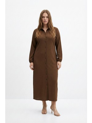 Şuranur Bürümcük Kumaş Gömlek Yaka Boydan Düğmeli Uzun Elbise Tesettüre Uygun