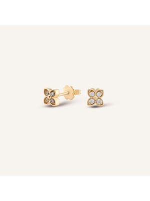 Aja Elandra Çiçek Motifli Çok Taşlı Pimli Altın Küpe