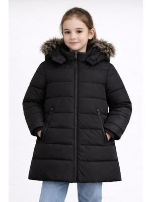 Kız Çocuk Siyah Şişme Mont Kapüşonlu Kürklü Kışlık Uzun Model