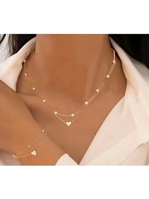 Shiklik 2'li Incili Zincir  Kalp Figürlü Model Kadın Takı Seti Kolye, Bileklik