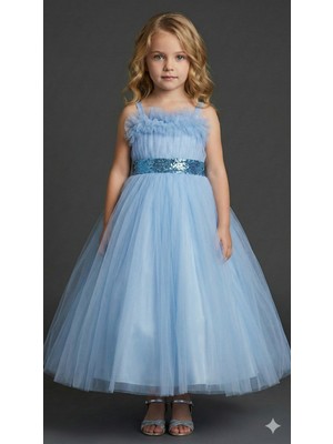 Ay Yılmaz Kız Çocuk Tarlatanlı Prenses Model Gelinlik Abiye Elbise Gümüş Belli