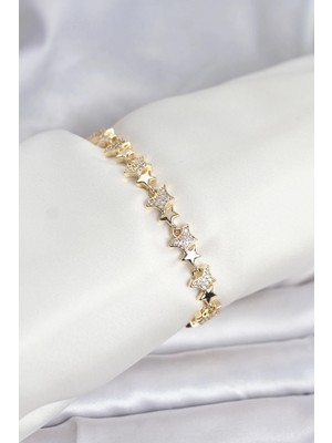 Calperia Pirinç Gold Renk Vıp Seri Yıldız Model Zirkon Taşlı Kadın Bileklik
