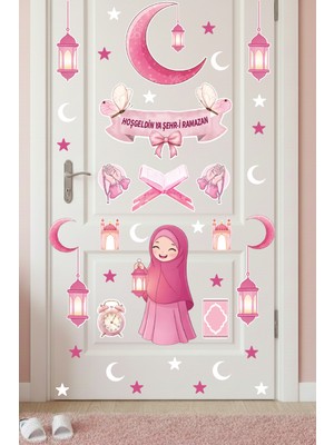 Ayza Tasarım Pembe Ramazan Süsleme Seti - Çocuk Odası Kapı ve Duvar Stickerı - Hoşgeldin Ya Şehr-I Ramazan