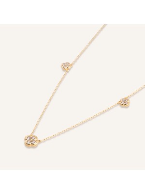 Aja Spirra Sıralı Çiçek Motifli Çok Taşlı Altın Kolye