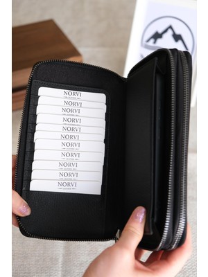 Norvi Deri Hakiki Deri Fermuarlı Çok Para Bölmeli Tutamaçlı Unisex El Çantası Siyah 1206
