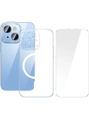 SHN Crystal iPhone 14 6.1 Magsafe Silikon Kılıf + Tempered Ekran Koruyucu SET-(5775)