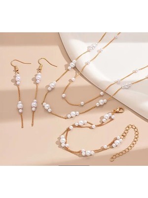 Shiklik Zarif 3'lü Inci Zincir Kadın Takı Seti Bileklik, Kolye, Küpe