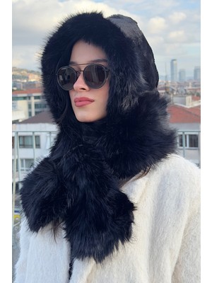 MollyCrush Peluş Kapüşonlu Şal Şapka - Yumuşak Dokulu Siyah Kışlık Boyunluk