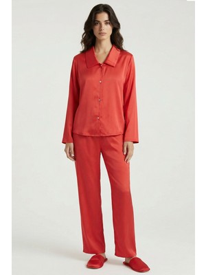 Feu De Elu Amoris Nar Çiçeği Uzun Saten Pijama Takımı