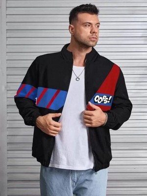 Pilelistore- Unisex Uzun Koll Fermuarlı Baskılı Rüzgarlik - Siyah