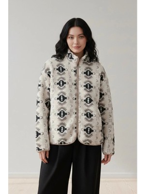 BANEGA Siyah Bej Peluş Desenli Cepli Fermuarlı Oversize Mont Sweatshirt