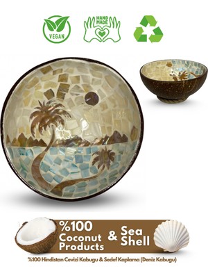 PremiumPort Island Design Sedef Kaplama Hindistan Cevizi Kase ve Altlığı Seti