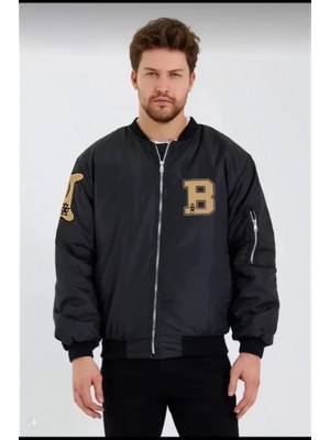 Pilelistore- Unisex Uzun Kol Baskılı Bomber Ceket - Siyah