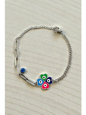Jewels of Hope Renkli Yonca Figürlü 316L Paslanmaz Çelik Kadın Bileklik - Kararmaz Gümüş Renk Zincir 21 cm
