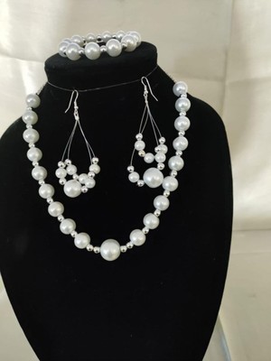 Shiklik Zarif 3'lü Inci Boncuklu Kadın Takı Seti - Kolye, Bileklik, Küpe