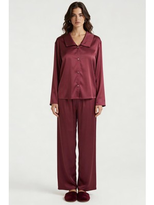 Feu De Elu Amoris Bordo Uzun Saten Pijama Takımı