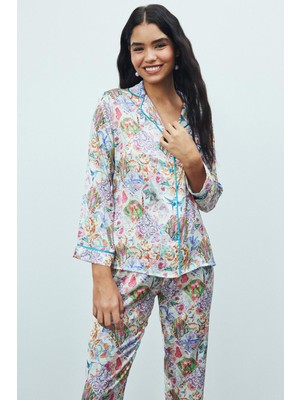 Feu De Elu Amour Petit Desenli Uzun Saten Pijama Takımı